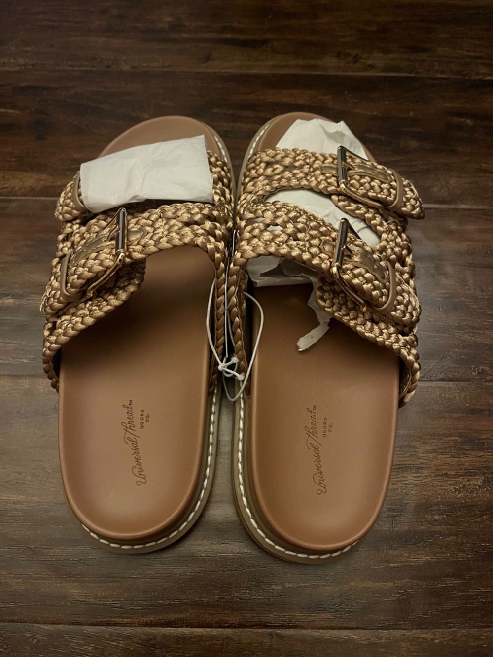 Size 8.5 Universal Thread Braided Double-Buckle Slide Sandals in Tan/Gold - Picture 4 of 9